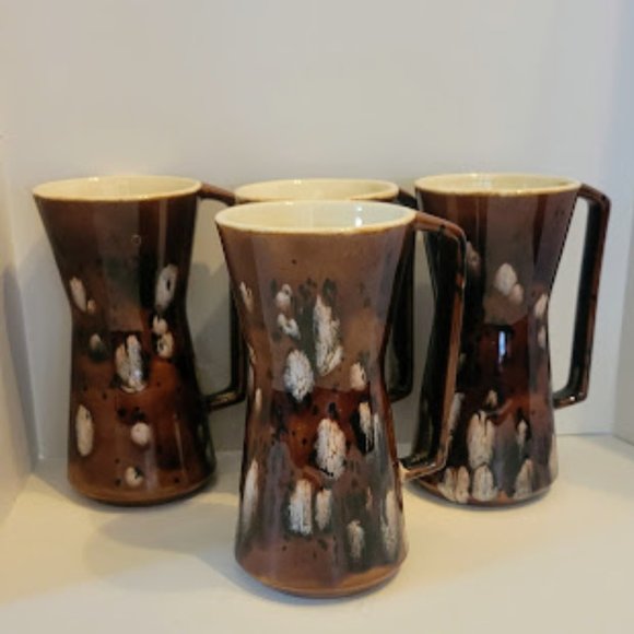 Set of 4 Vintage Tall Hourglass Brown Pottery Drip Glaze Coffee Mug Cup - Picture 1 of 5